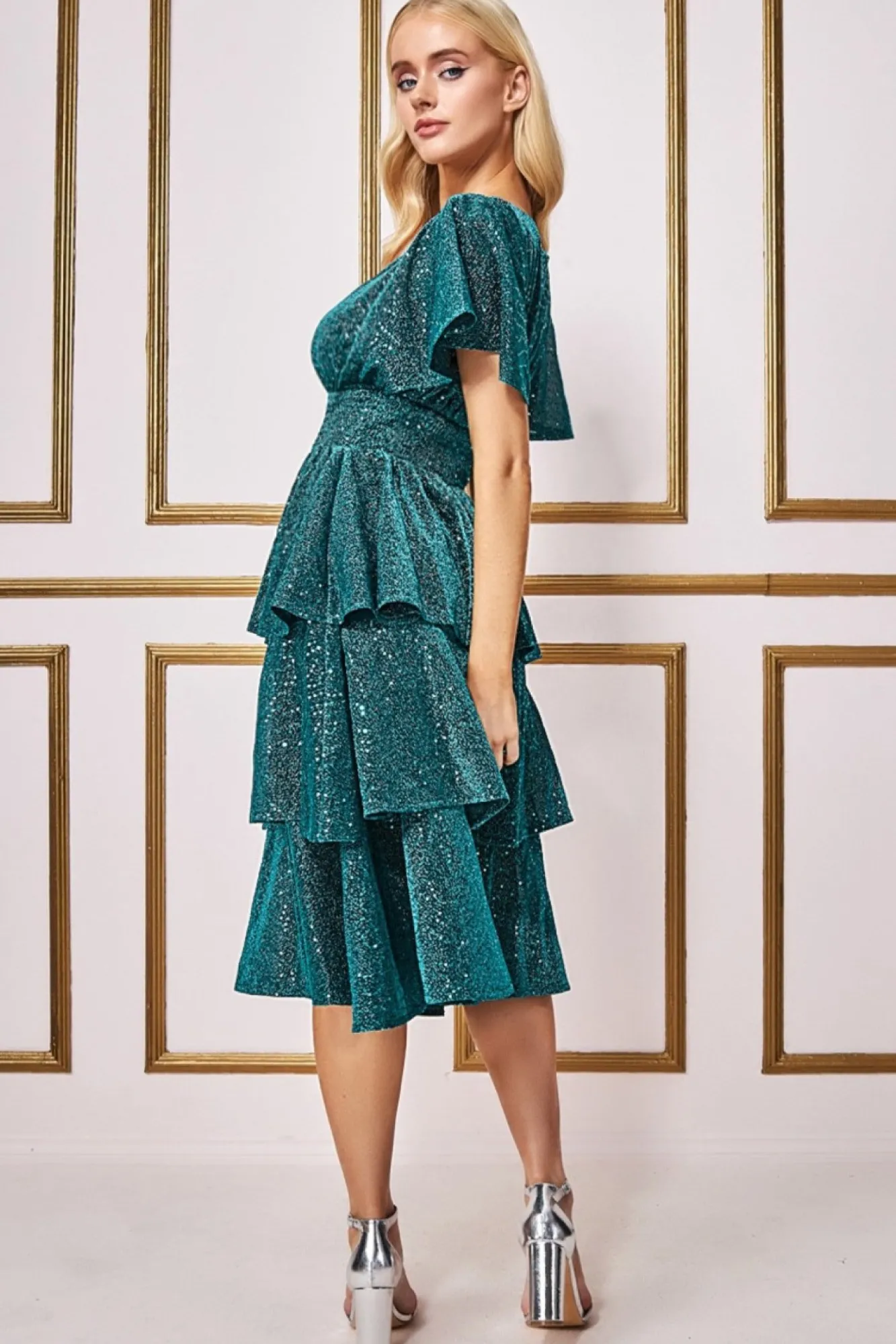 Midi Dresses^* Sequin Lurex Tiered Midi Dress Teal Blue