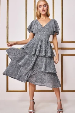 Midi Dresses^* Sequin Lurex Tiered Midi Dress Silver