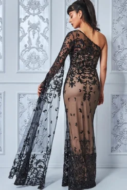 Maxi Dresses^* Sequin Mesh One Shoulder Evening Maxi Black