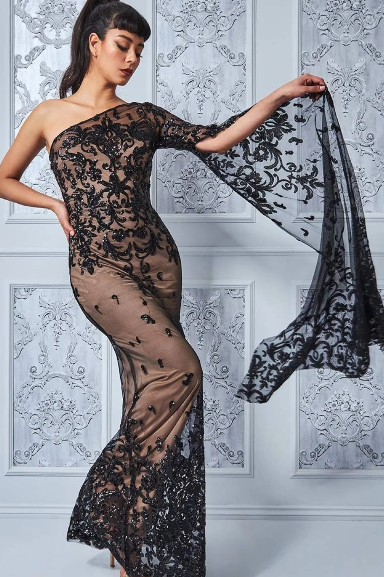 Maxi Dresses^* Sequin Mesh One Shoulder Evening Maxi Black