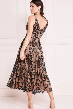 Midi Dresses^* Sequin Mesh V-Neck Flared Skirt Midi Black
