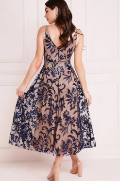 Midi Dresses^* Sequin Mesh V-Neck Flared Skirt Midi Navy