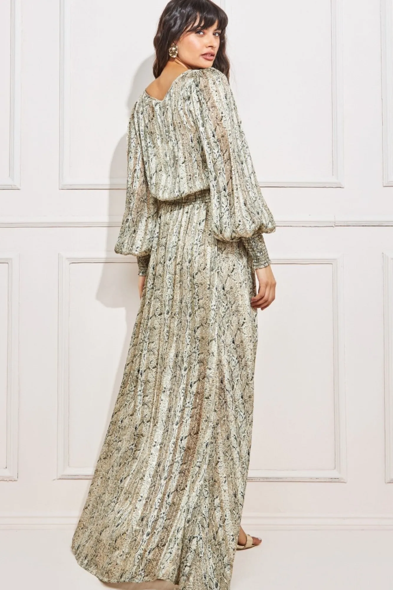 Maxi Dresses^* Shirred Waist Chiffon Printed Maxi Snakeprint