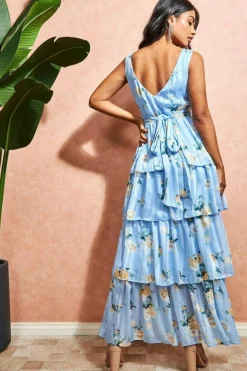 Maxi Dresses^* Tiered Chiffon Floral Maxi - Powder Blue Powderblue