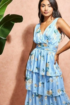 Maxi Dresses^* Tiered Chiffon Floral Maxi - Powder Blue Powderblue