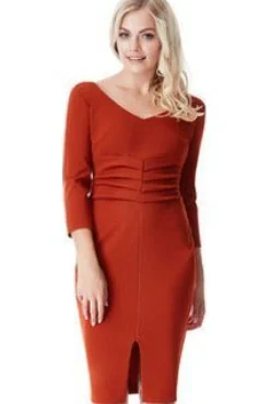 Midi Dresses^* V Neck Pleated Midi With Split Detail Rust