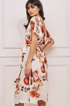 Midi Dresses^* Wrap Back Flutter Sleeve Midi Beige