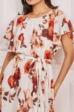 Midi Dresses^* Wrap Back Flutter Sleeve Midi Beige