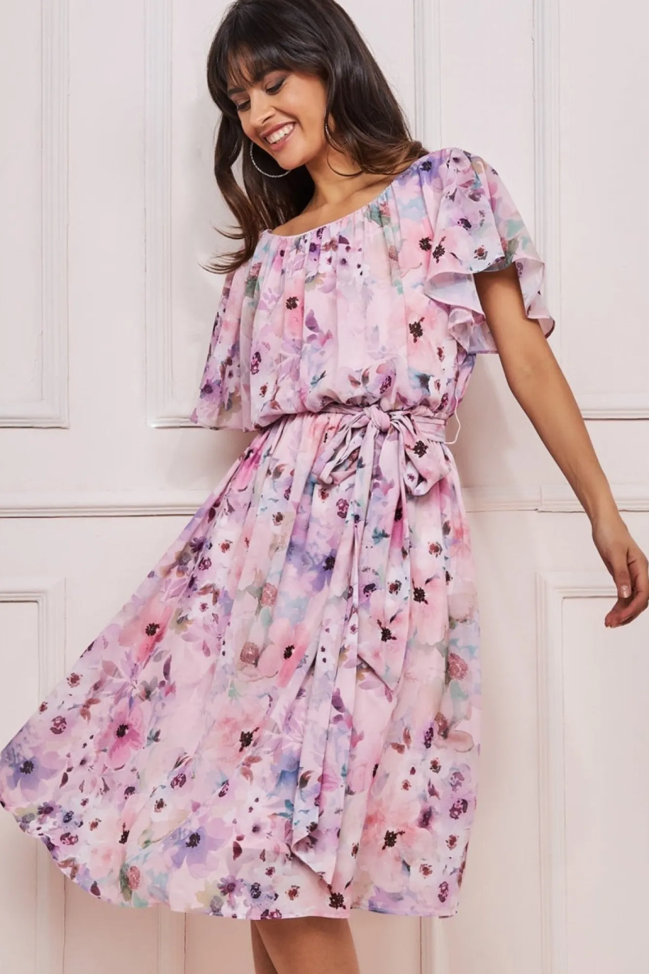 Midi Dresses^* Wrap Back Flutter Sleeve Midi Pink