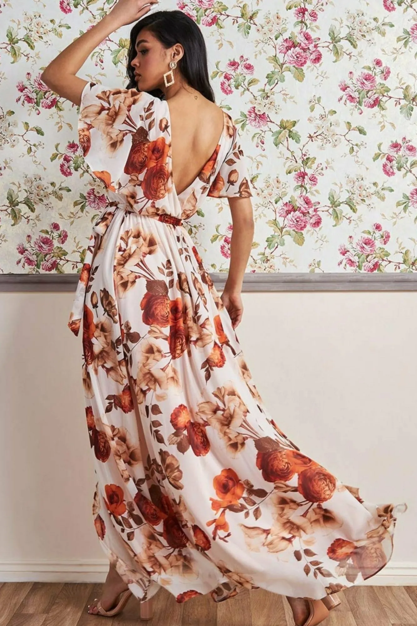 Maxi Dresses^* Wrap Back Flutter Sleeve Maxi Dress Beige