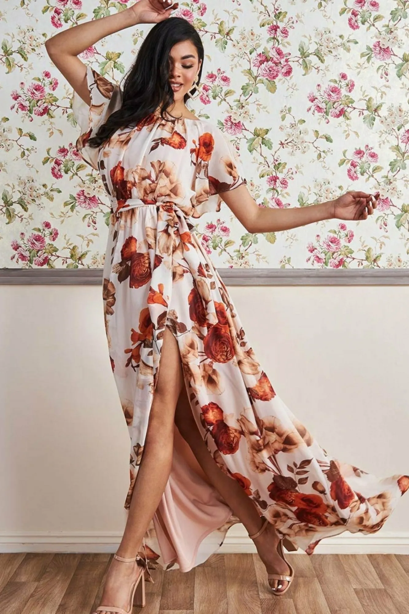 Maxi Dresses^* Wrap Back Flutter Sleeve Maxi Dress Beige