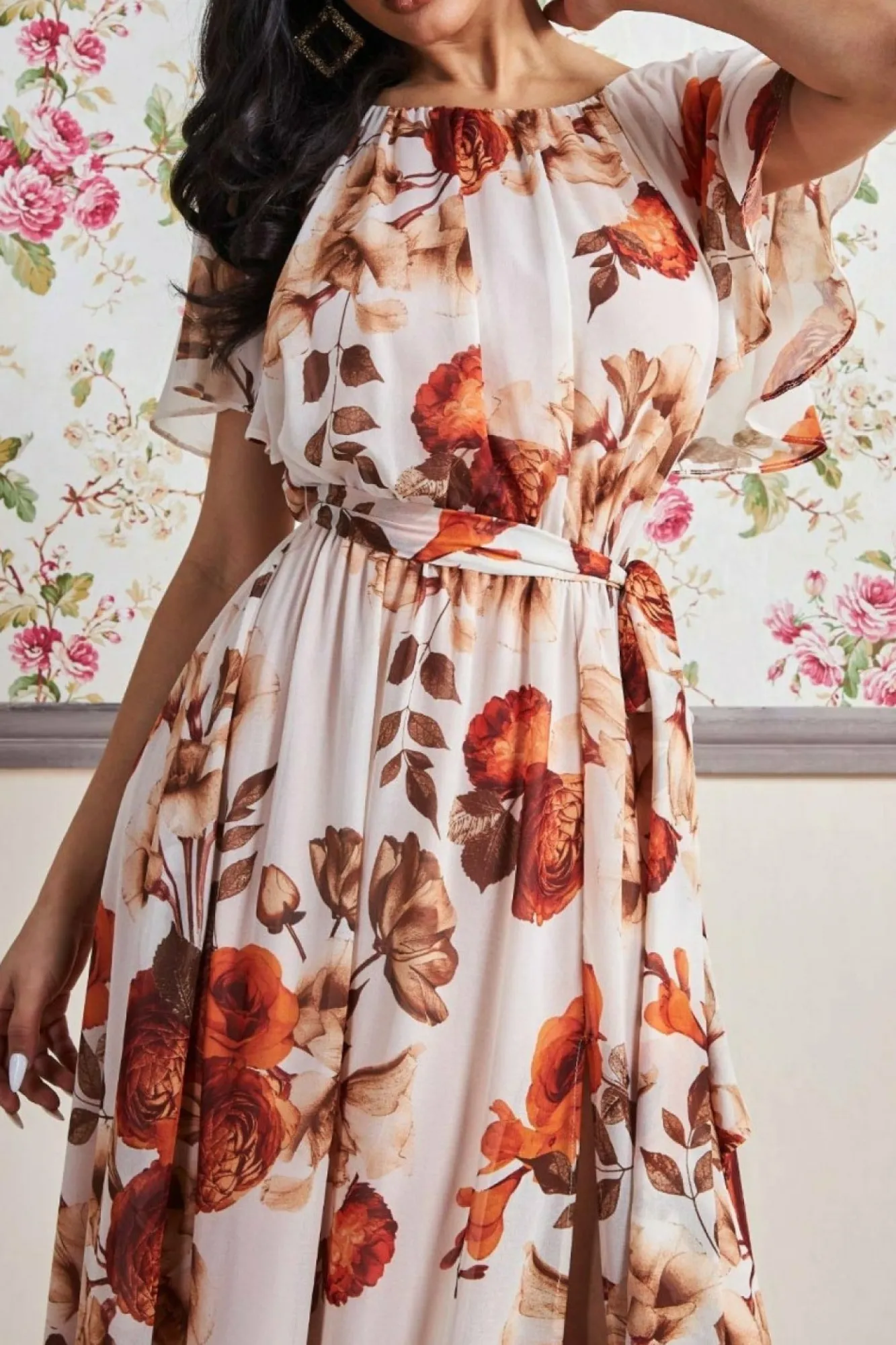 Maxi Dresses^* Wrap Back Flutter Sleeve Maxi Dress Beige