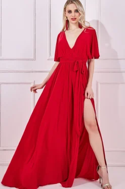Maxi Dresses^* Wrap Front Maxi With Flutter Sleeves Red