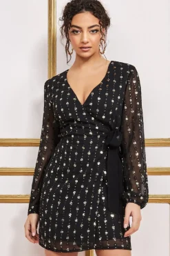 Mini Dresses^* Wrap Over Sequin Mini - Black Gold Blackgold