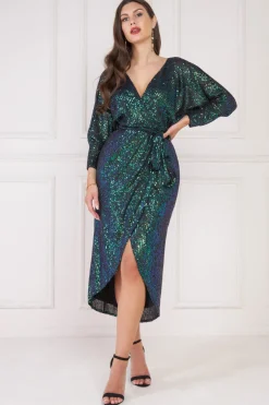 Midi Dresses^* Wrap Style Sequin Midi Dress Emerald