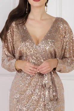 Midi Dresses^* Wrap Style Sequin Midi Dress Champagne
