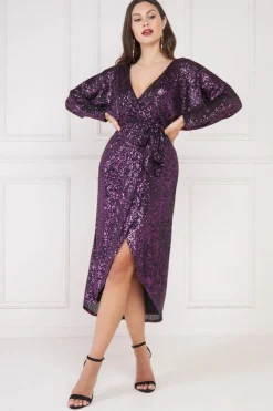 Midi Dresses^* Wrap Style Sequin Midi Dress Purple