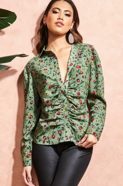 Blouses^City Goddess Floral Print Shirt Sagegreen