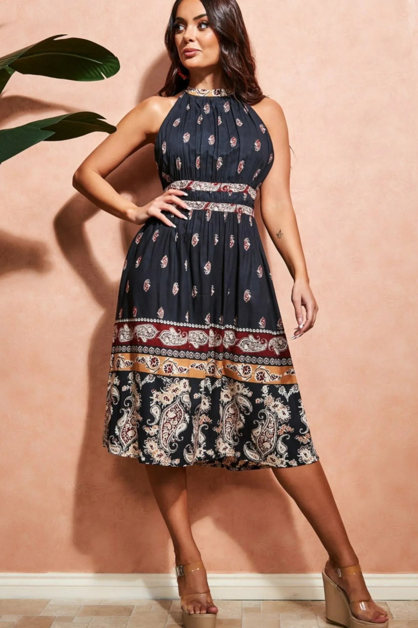 Midi Dresses^City Goddess Halter Neck Printed Midi Dress Black