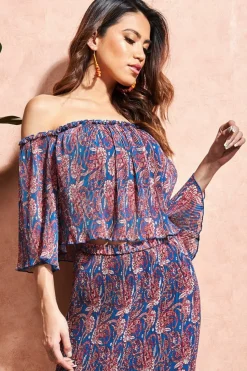 Crop Tops^City Goddess Off The Shoulder Printed Crop Top Blue