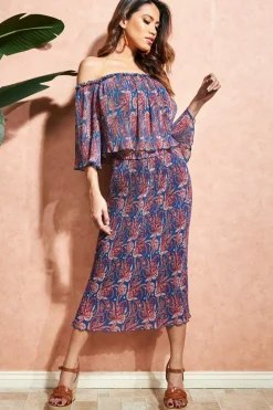 Crop Tops^City Goddess Off The Shoulder Printed Crop Top Blue