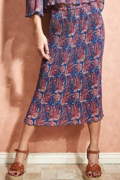 Skirts^City Goddess Printed Shirred Midi Skirt Blue