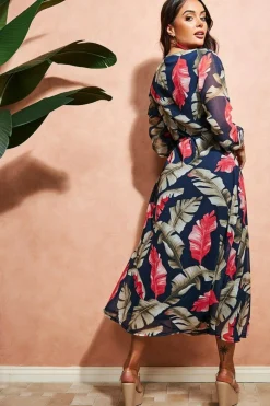Midi Dresses^City Goddess Printed Wrap Midi Dress Navy