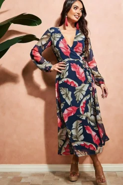 Midi Dresses^City Goddess Printed Wrap Midi Dress Navy