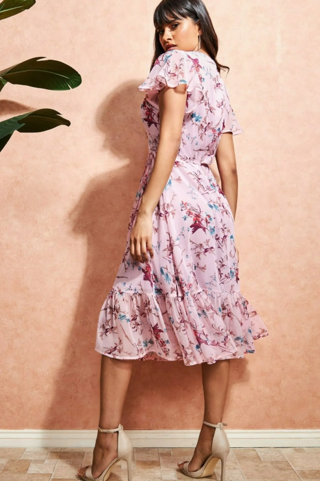 Midi Dresses^City Goddess Wrap Flutter Sleeve Floral Midi Dress Peach