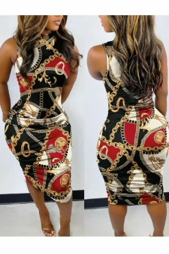 Midi Dresses^De La Creme Fashions Chain Scarf Print Ruched Dress Black