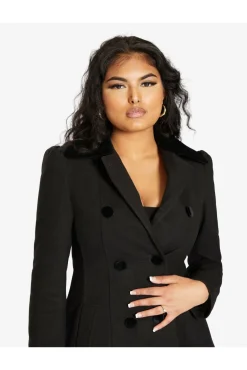 Outerwear^De La Creme Fashions Double Breast Velvet Trim Skater Coat