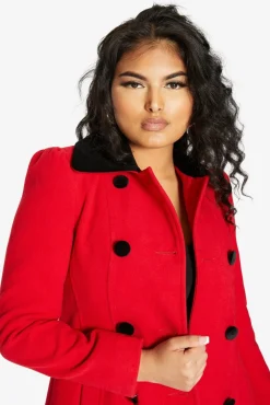 Outerwear^De La Creme Fashions Double Breast Velvet Trim Skater Coat