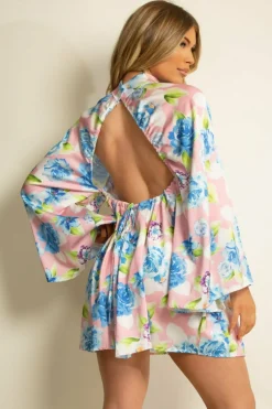 Mini Dresses^De La Creme Fashions Floral Satin Open Back Skater Dress Pink