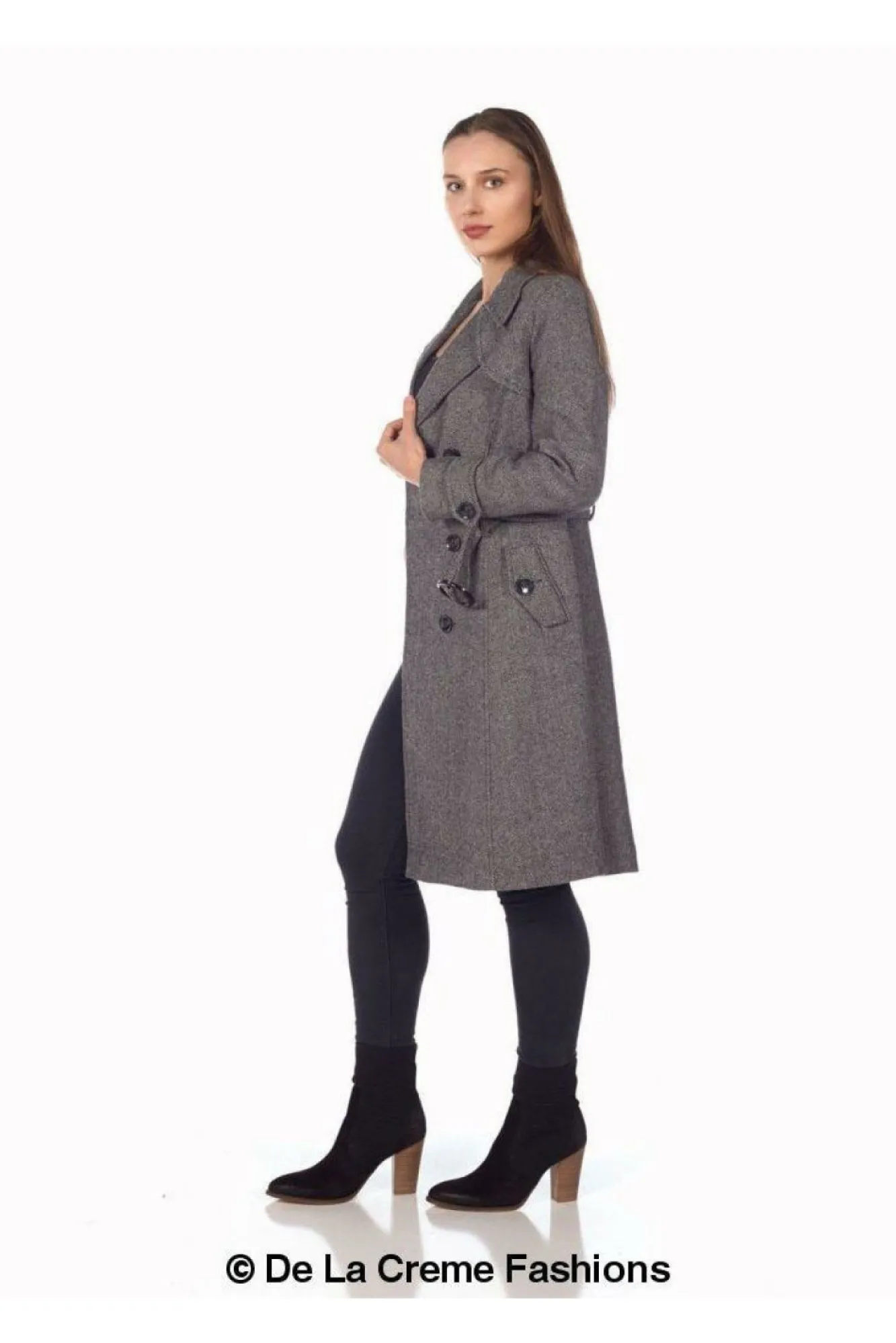 Outerwear^De La Creme Fashions Herringbone Tweed Blend Trench Coat Grey