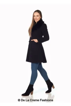 Outerwear^De La Creme Fashions Wool Blend Faux Fur Collar Midi Coat