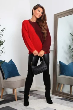 Knitwear^Double Second And Burgundy Diagonal Contrast Colour Block Oversized Knit Jumper Red