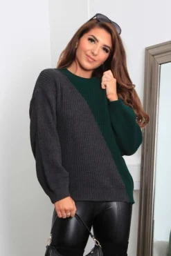 Knitwear^Double Second And Grey Diagonal Contrast Colour Block Oversized Knit Jumper Green