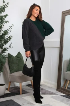 Knitwear^Double Second And Grey Diagonal Contrast Colour Block Oversized Knit Jumper Green