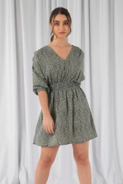 Mini Dresses^Double Second Animal Print Relaxed Shoulder Dress Sage