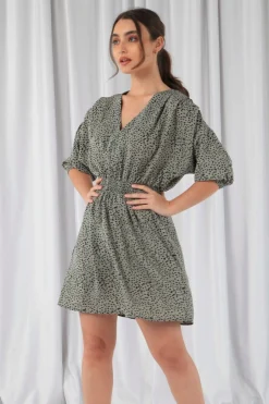 Mini Dresses^Double Second Animal Print Relaxed Shoulder Dress Sage