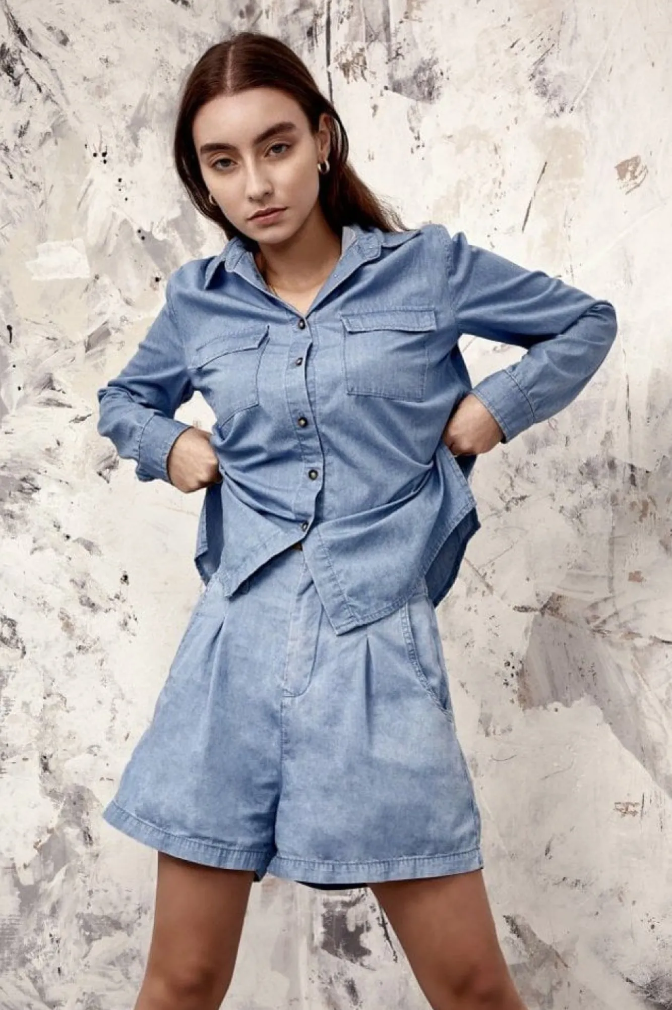 Trousers^Double Second Belted Denim Chambray Shorts Blue