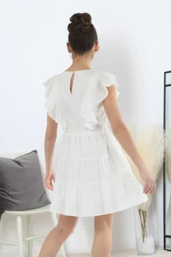 Mini Dresses^Double Second Broderie Frill Sleeve Tiered Dress White