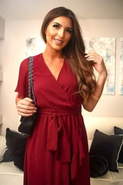 Midi Dresses^Double Second Chiffon Wrap Dress With Tea Sleeve Red