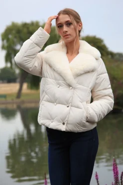 Outerwear^Double Second Ecru Lux Fur Collar Puffer Coat Beige