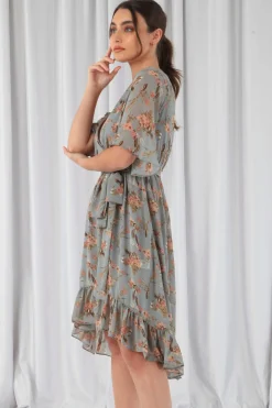 Mini Dresses^Double Second Floral Print Ruffle Midi Wrap Dress Blue