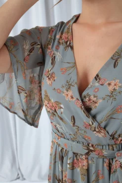Mini Dresses^Double Second Floral Print Ruffle Midi Wrap Dress Blue