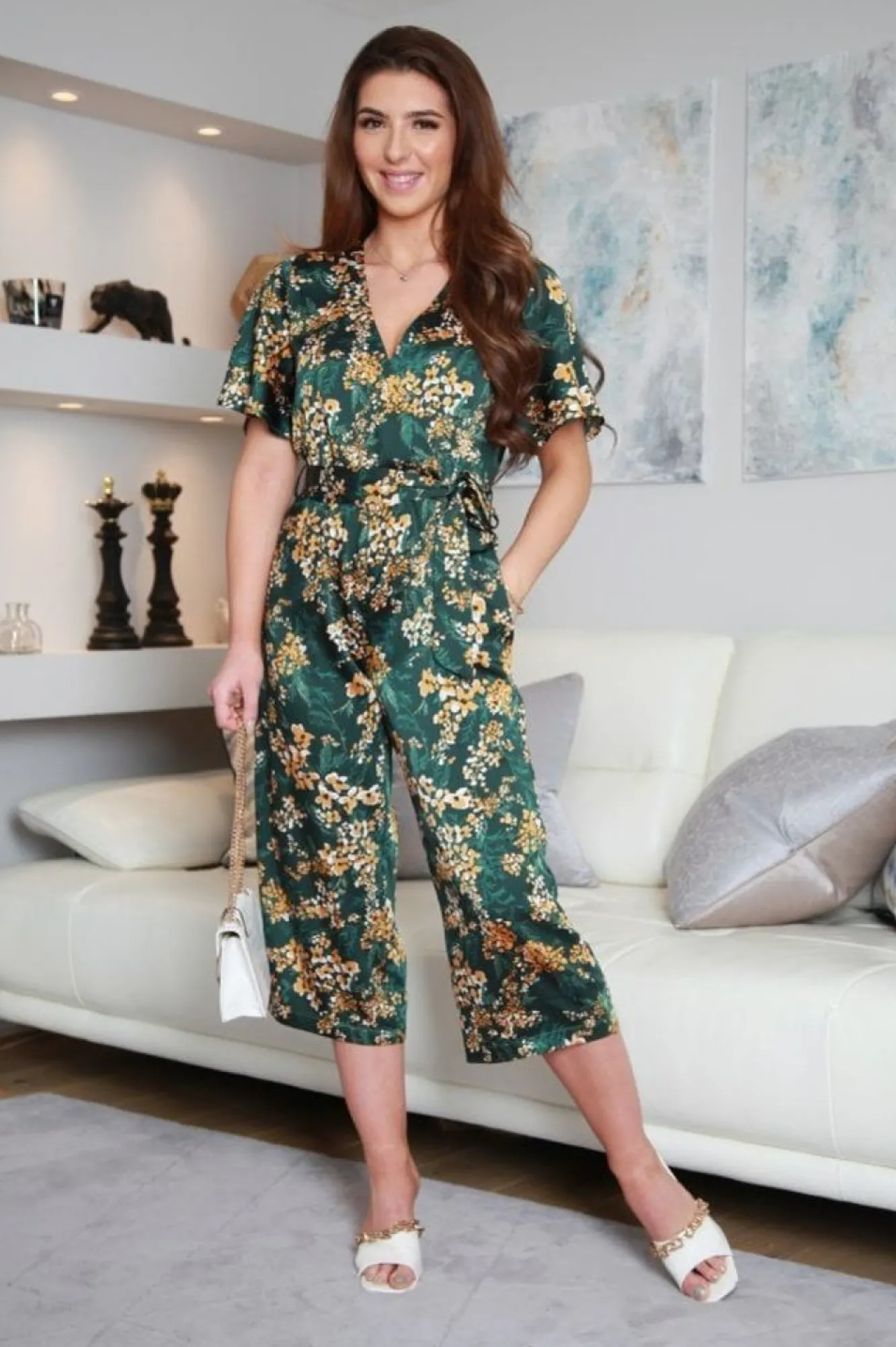 Jumpsuits^Double Second Floral Wrap Front Satin Jumpsuit Green