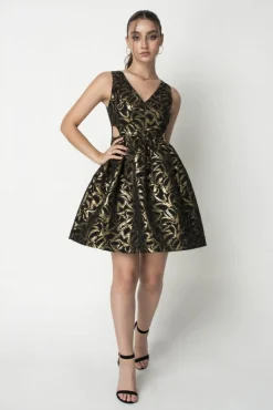 Mini Dresses^Double Second Jacquard Cut Out Skater Dress Gold