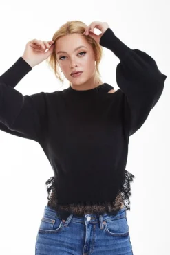 Jumpers^Double Second Knit Jumper With Lace Trim Black