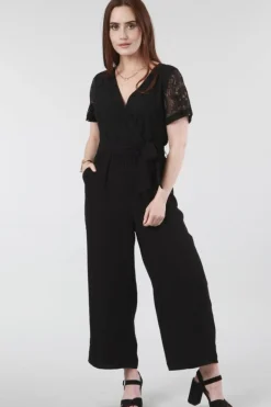Jumpsuits^Double Second Lace Wrap Wide Leg Jumpsuit Black